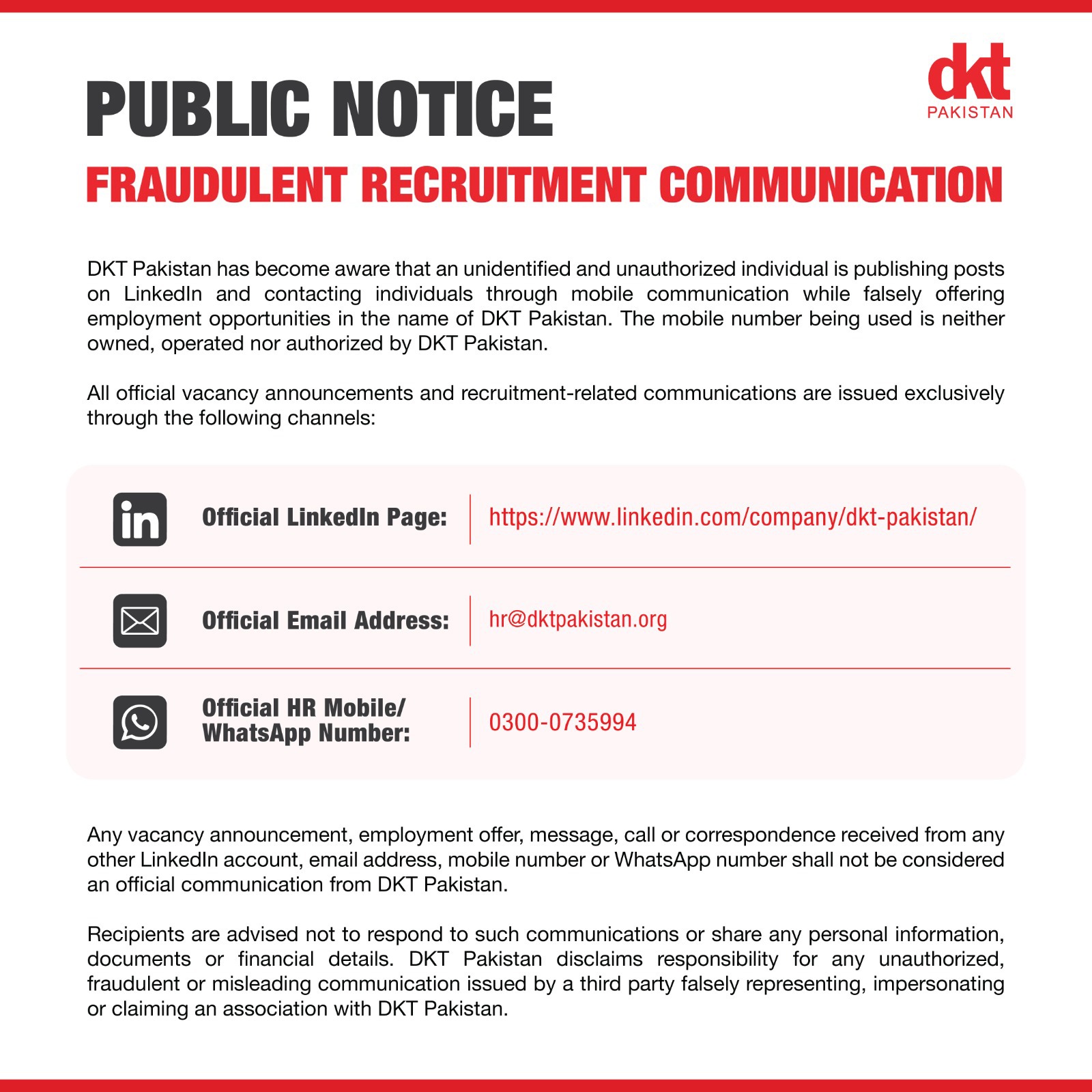 DKT Pakistan Public Notice - Fraudulent Recruitment Communications